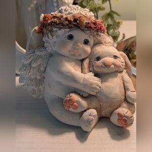 Dreamsicles Vintage 1995 Angel and Bunny Figurine with Floral Crown